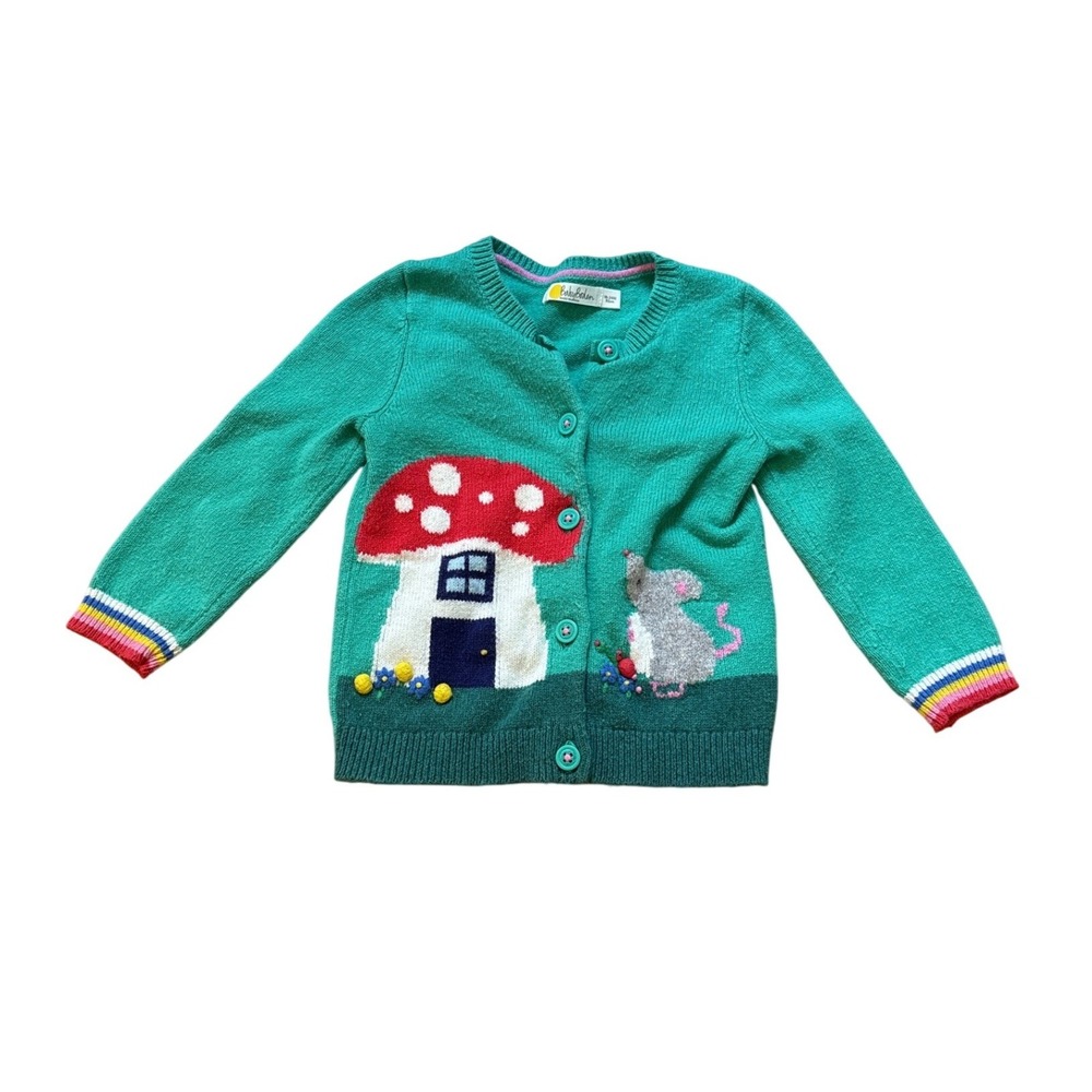 Baby Boden Cardigan Kids Green Mushroom Mouse Intarsia Knit Sweater SIZE 18-24M